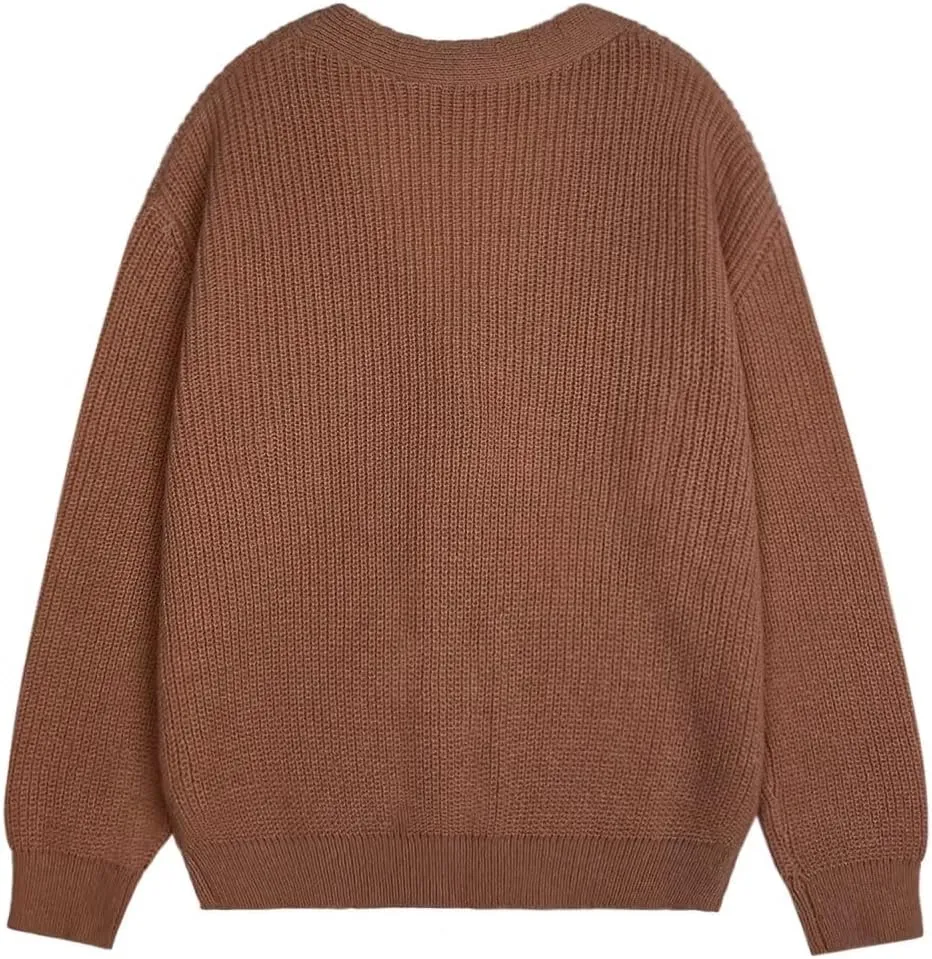 Womens Fall Laies Cute Ribbed Knit V Neck Color Block Striped Button Fake Pocket Long Sleeve Sweater Cardigan 2024