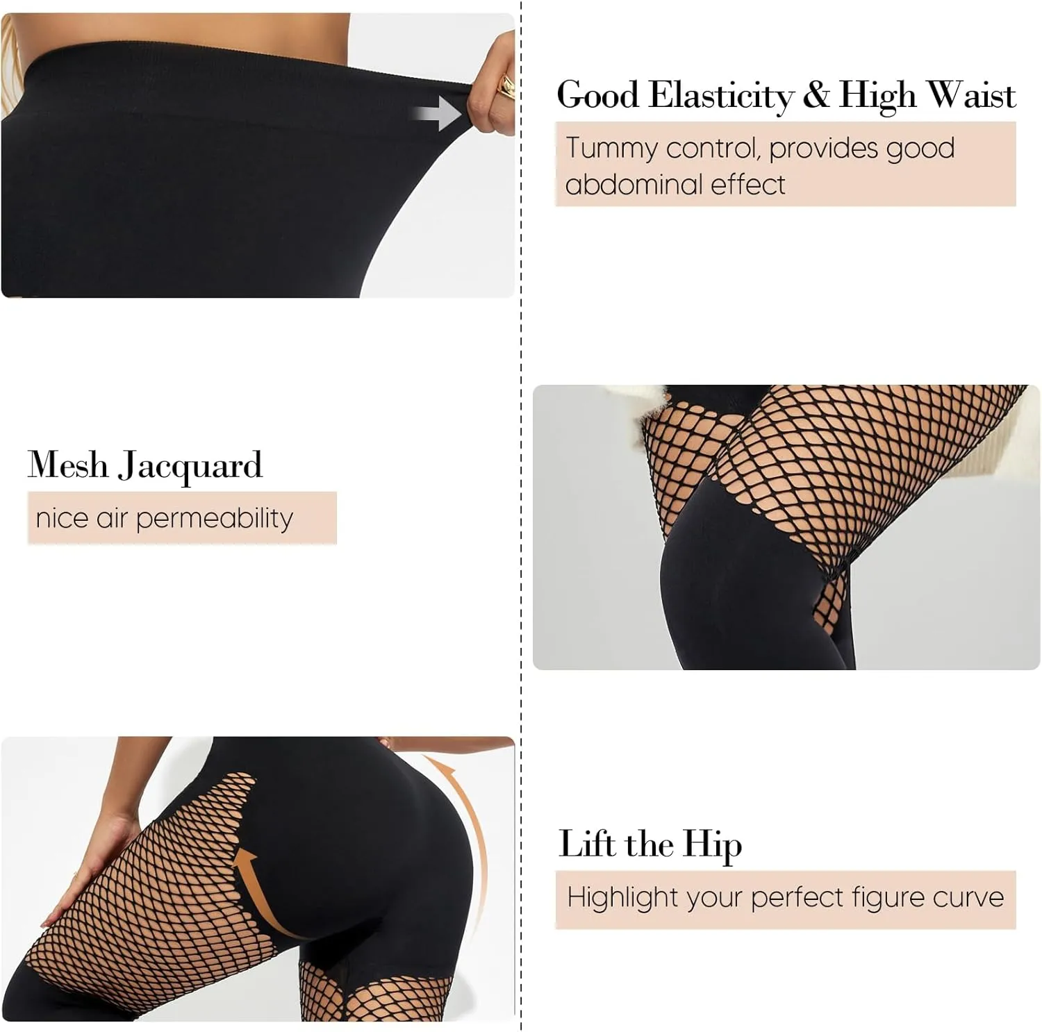 Women's Fishnet Seamless Tights High Waisted Tummy Control Workout Leggings Pants
