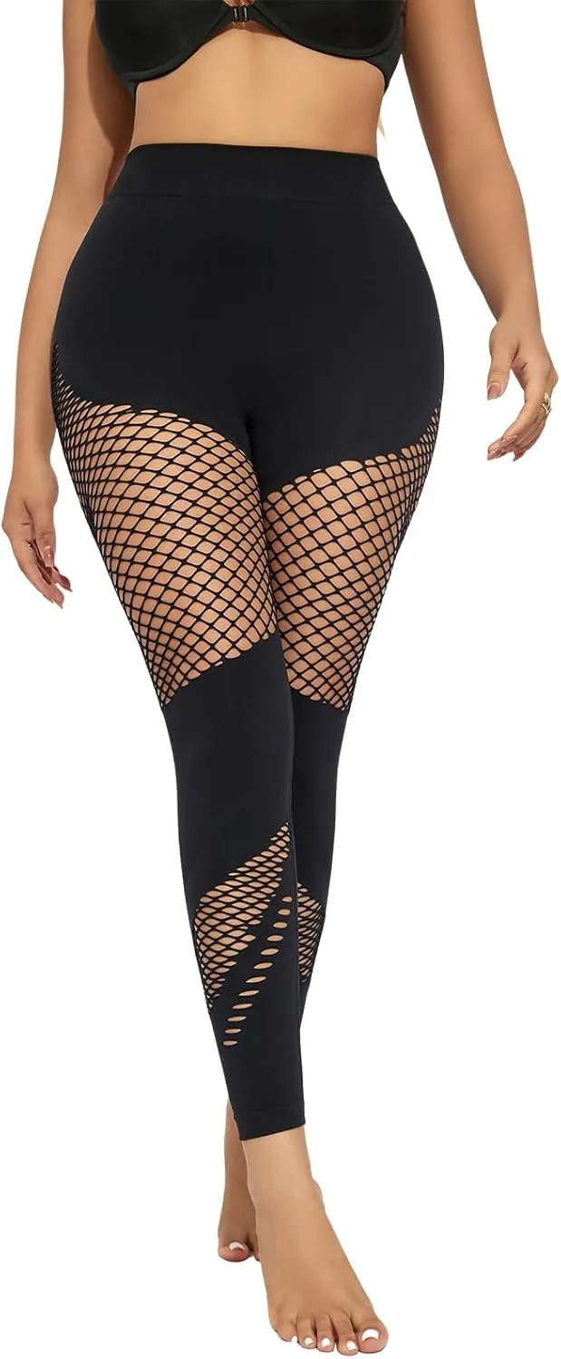 Women's Fishnet Seamless Tights High Waisted Tummy Control Workout Leggings Pants