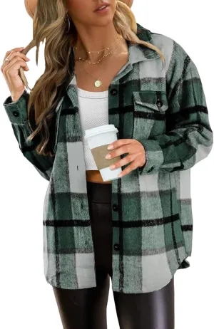 Womens Flannel Plaid Shirt Shacket Jacket Fleece Lapel Long Sleeve Button Down Jacket Coats Cardigans with Pockets