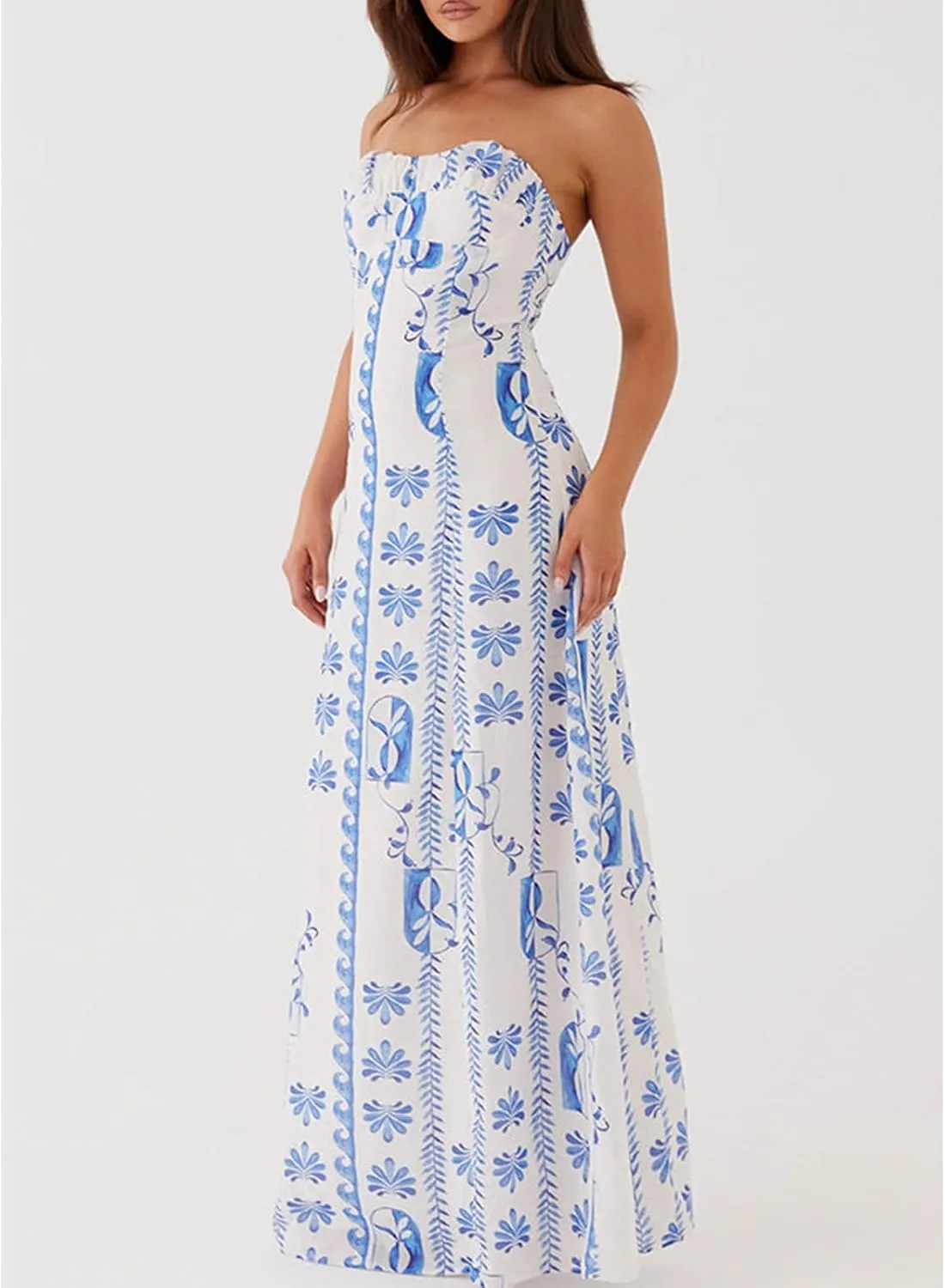 Womens Floral Strapless Dress Y2k Backless Sleeveless Tube Maxi Long Dresses Sexy Mesh Bodycon Summer Beachwear