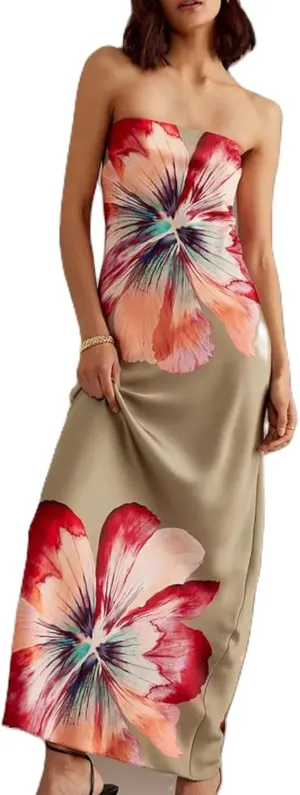 Womens Floral Strapless Dress Y2k Backless Sleeveless Tube Maxi Long Dresses Sexy Mesh Bodycon Summer Beachwear
