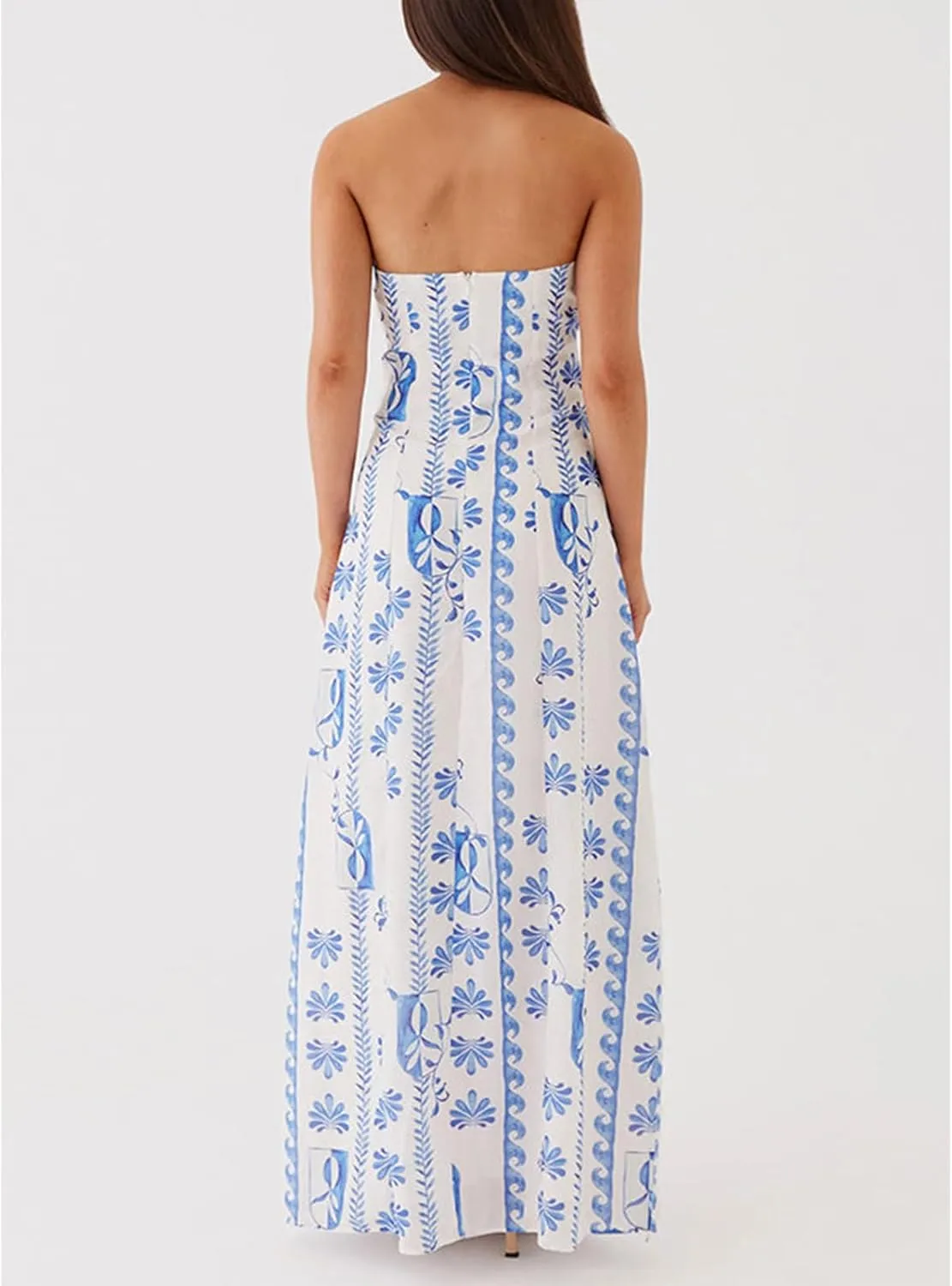 Womens Floral Strapless Dress Y2k Backless Sleeveless Tube Maxi Long Dresses Sexy Mesh Bodycon Summer Beachwear