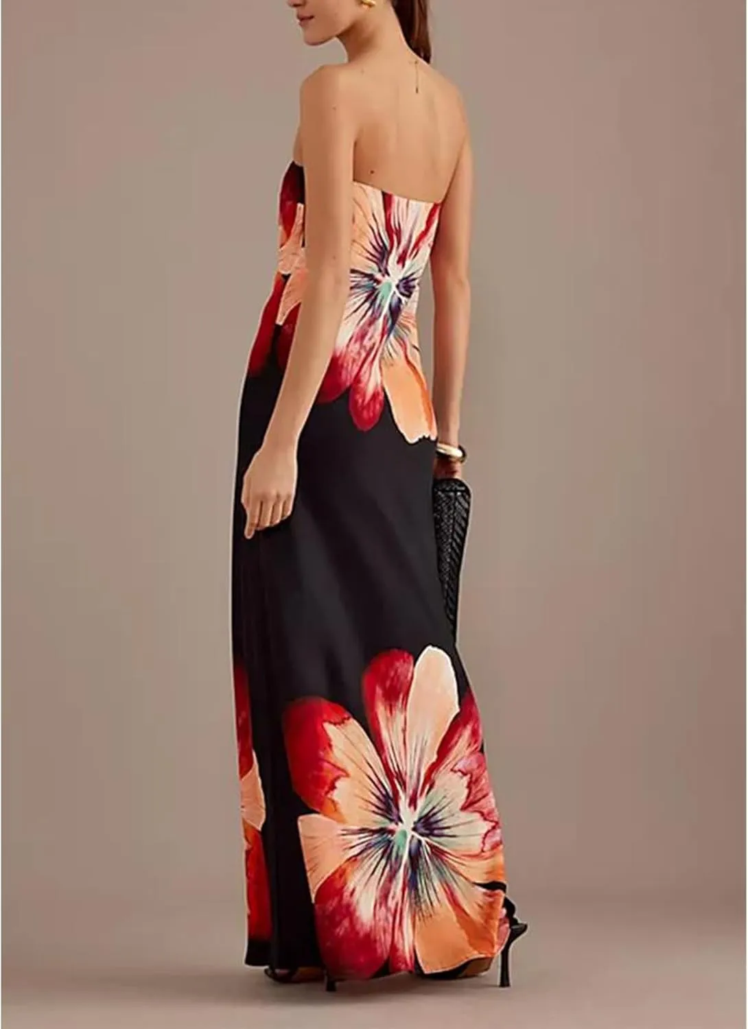 Womens Floral Strapless Dress Y2k Backless Sleeveless Tube Maxi Long Dresses Sexy Mesh Bodycon Summer Beachwear