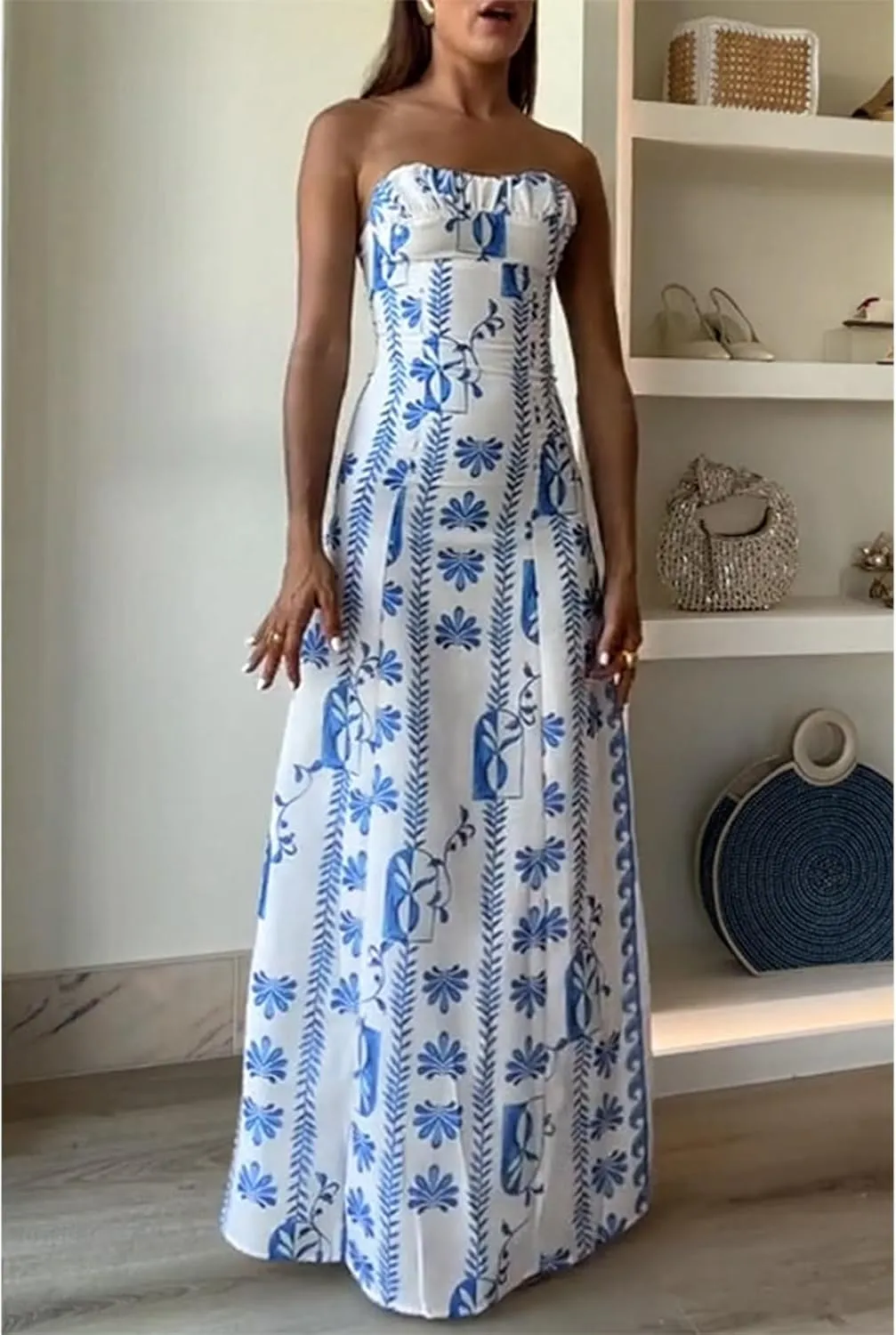 Womens Floral Strapless Dress Y2k Backless Sleeveless Tube Maxi Long Dresses Sexy Mesh Bodycon Summer Beachwear