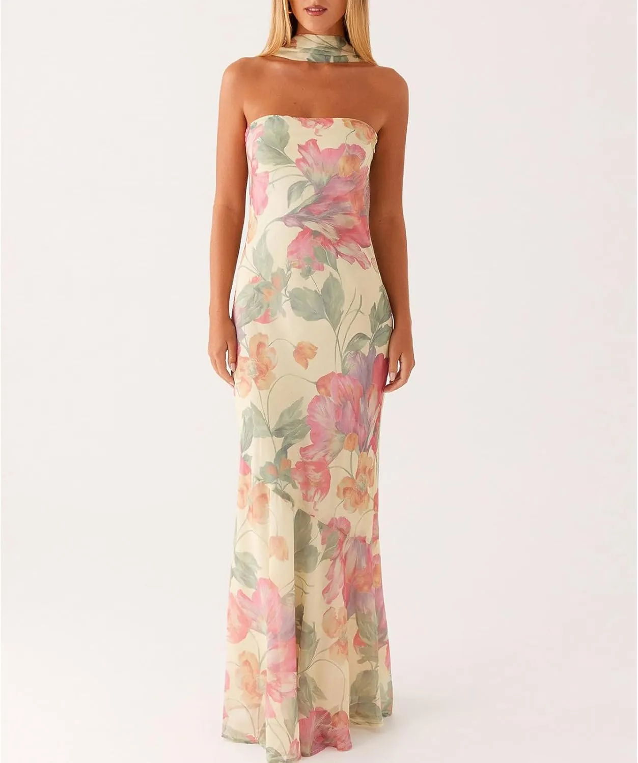 Womens Floral Strapless Dress Y2k Backless Sleeveless Tube Maxi Long Dresses Sexy Mesh Bodycon Summer Beachwear