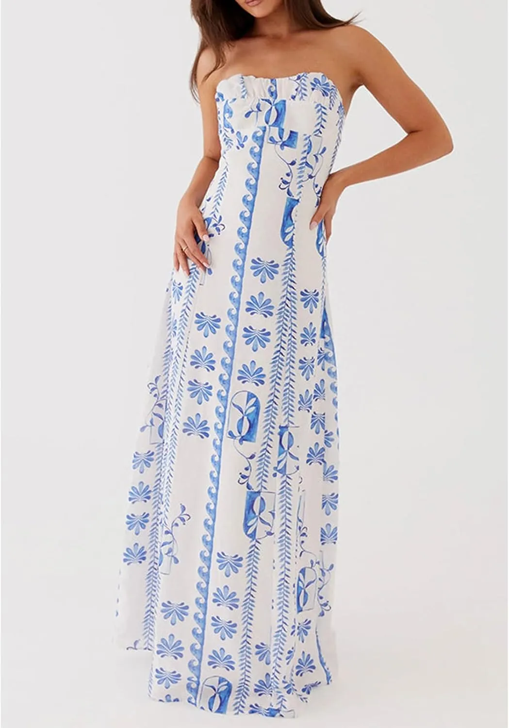 Womens Floral Strapless Dress Y2k Backless Sleeveless Tube Maxi Long Dresses Sexy Mesh Bodycon Summer Beachwear