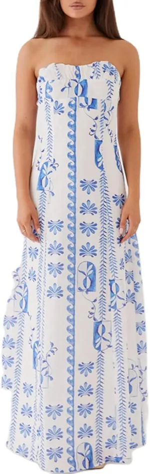 Womens Floral Strapless Dress Y2k Backless Sleeveless Tube Maxi Long Dresses Sexy Mesh Bodycon Summer Beachwear