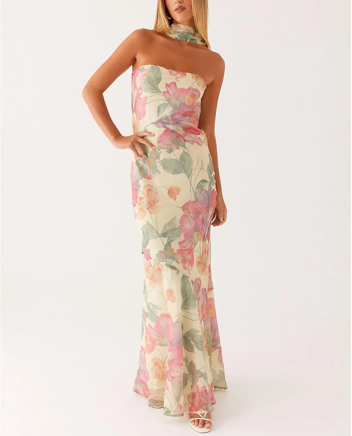 Womens Floral Strapless Dress Y2k Backless Sleeveless Tube Maxi Long Dresses Sexy Mesh Bodycon Summer Beachwear