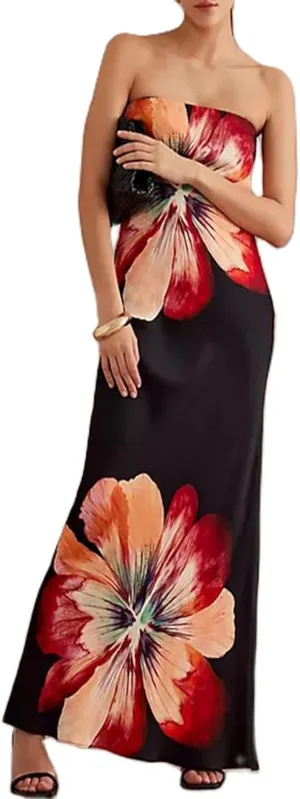 Womens Floral Strapless Dress Y2k Backless Sleeveless Tube Maxi Long Dresses Sexy Mesh Bodycon Summer Beachwear