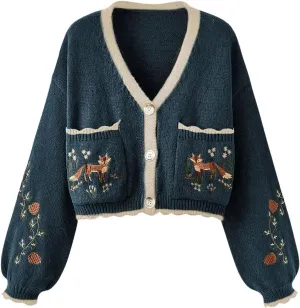 Women's Flower Embroidery Cardigans Sweaters Long Sleeve Button Down Knitted Loose Outwear
