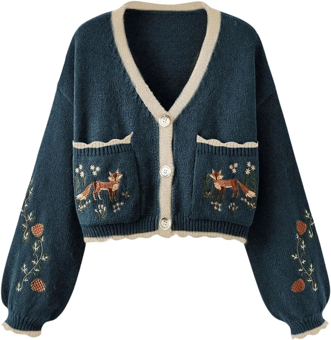 Women's Flower Embroidery Cardigans Sweaters Long Sleeve Button Down Knitted Loose Outwear