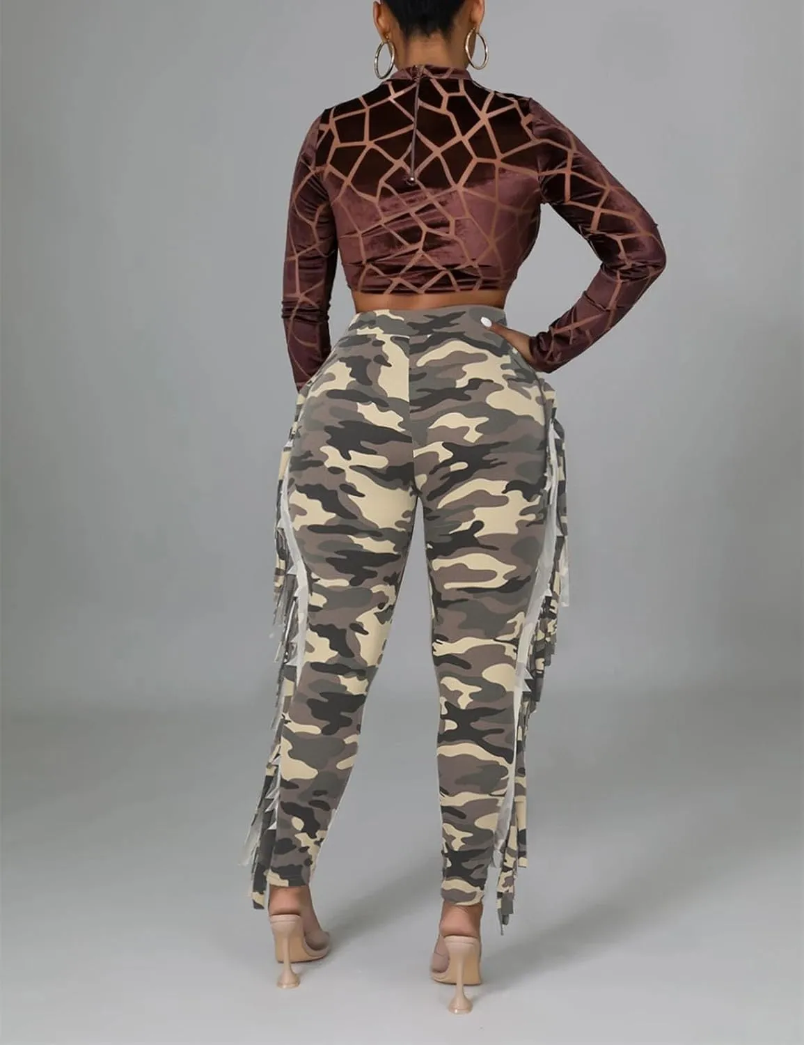 Womens Fringed Pants Casual Tassel High Waist Bodycon Trosuers Elastic Waist Side Tassel Yoga Trouser