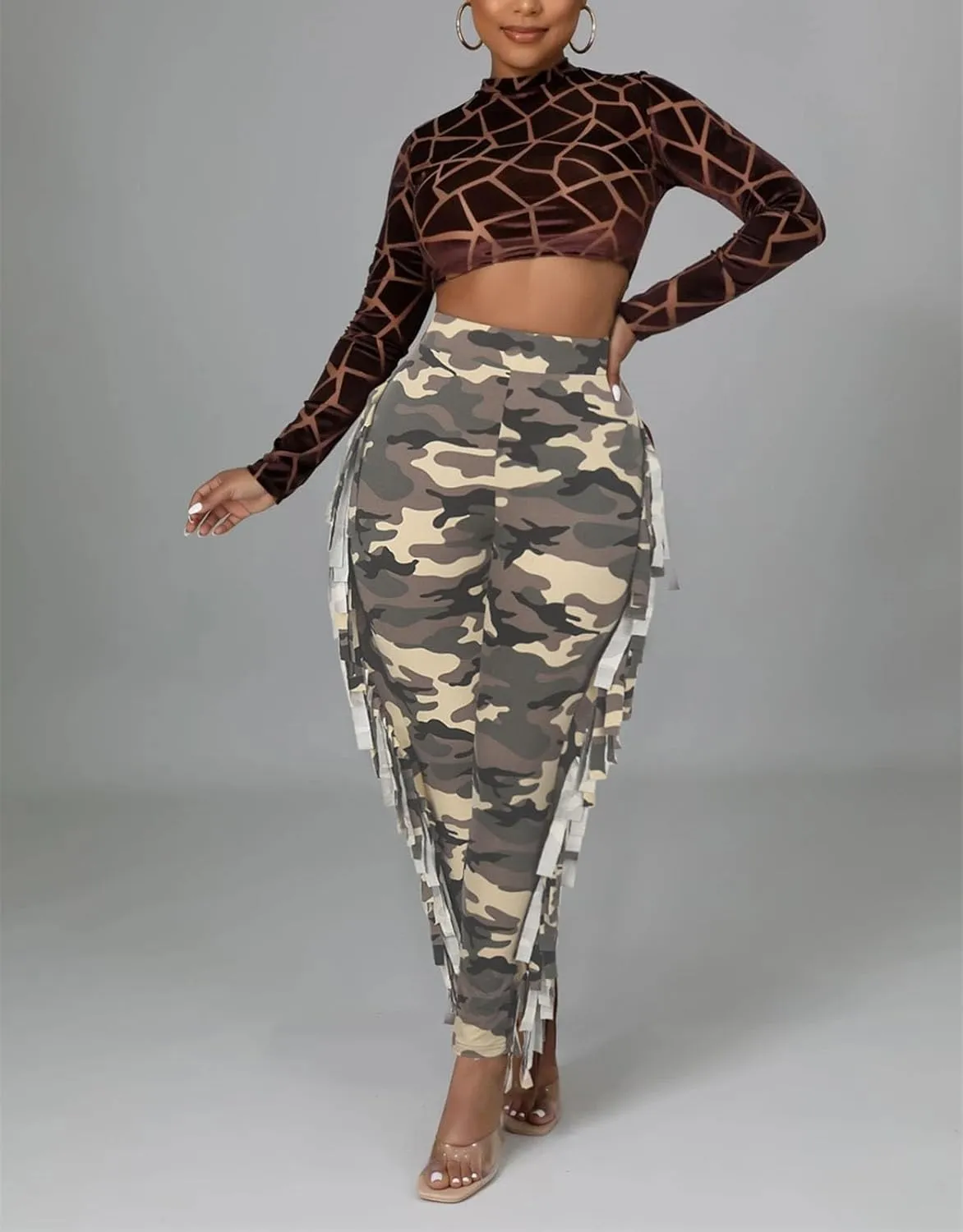 Womens Fringed Pants Casual Tassel High Waist Bodycon Trosuers Elastic Waist Side Tassel Yoga Trouser