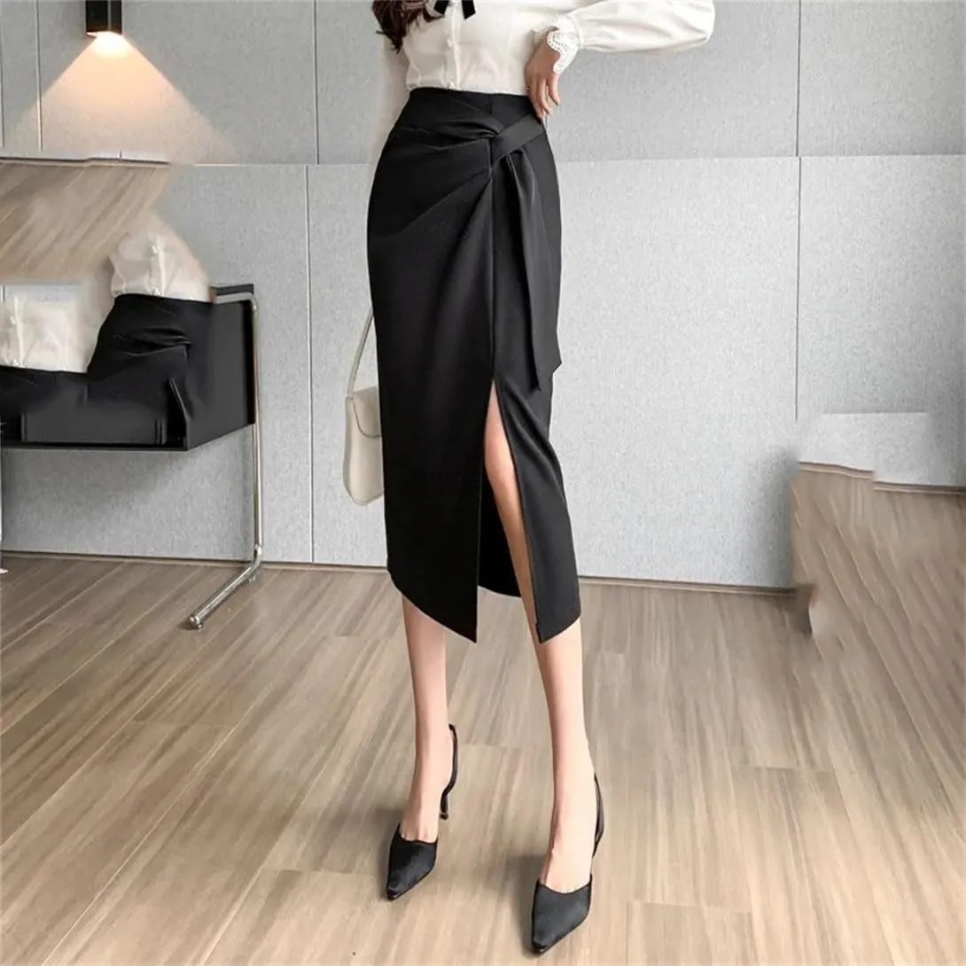 Women's High Waist Tie Slim Pencil Skirt Summer Elastic Waist Work Office Midi Skirt