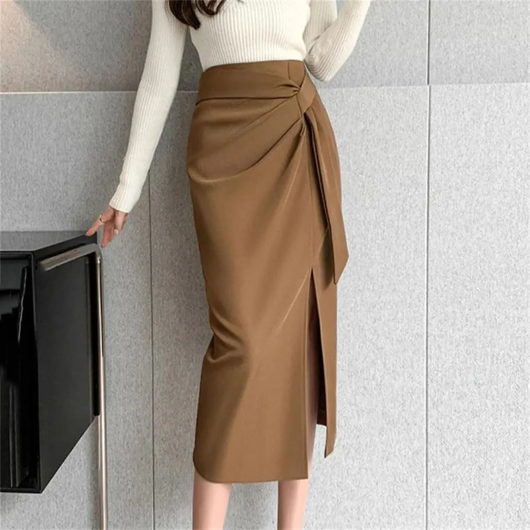 Women's High Waist Tie Slim Pencil Skirt Summer Elastic Waist Work Office Midi Skirt