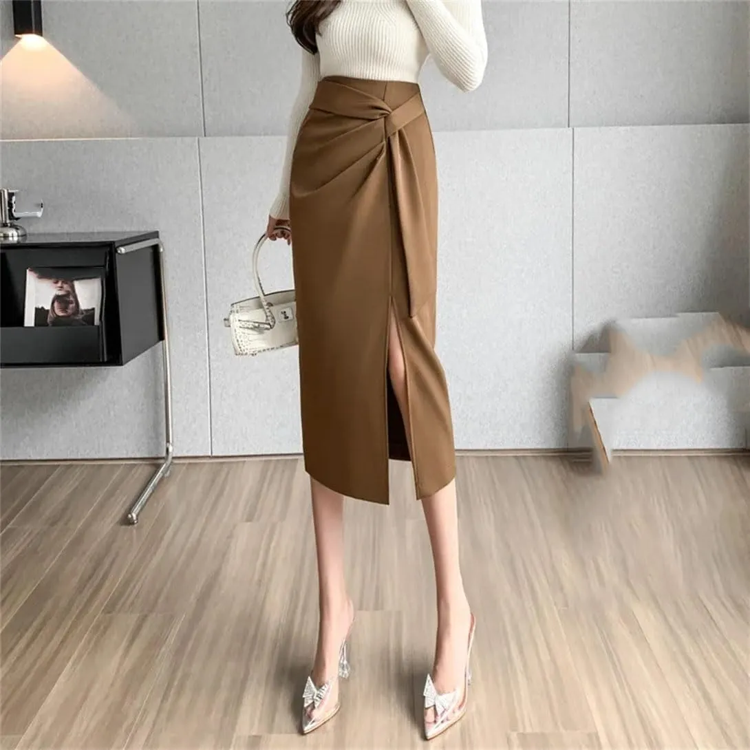 Women's High Waist Tie Slim Pencil Skirt Summer Elastic Waist Work Office Midi Skirt