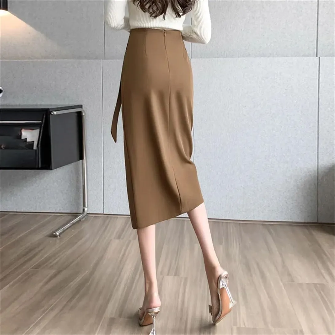 Women's High Waist Tie Slim Pencil Skirt Summer Elastic Waist Work Office Midi Skirt