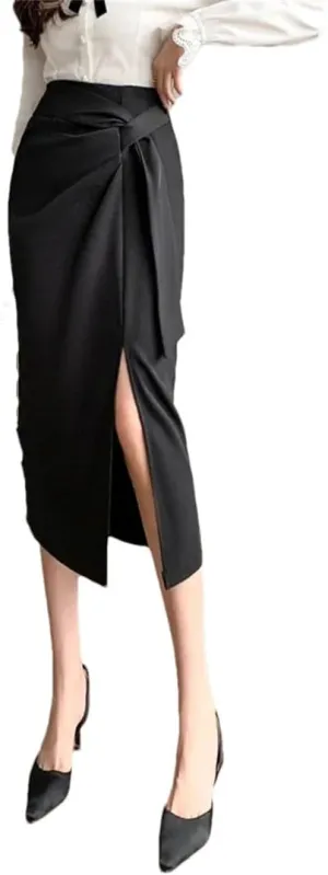 Women's High Waist Tie Slim Pencil Skirt Summer Elastic Waist Work Office Midi Skirt