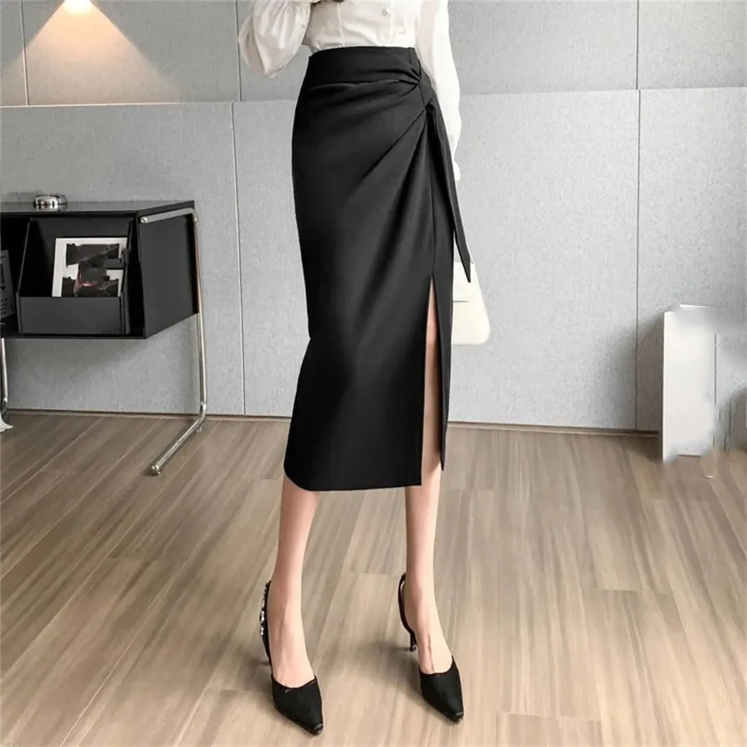 Women's High Waist Tie Slim Pencil Skirt Summer Elastic Waist Work Office Midi Skirt