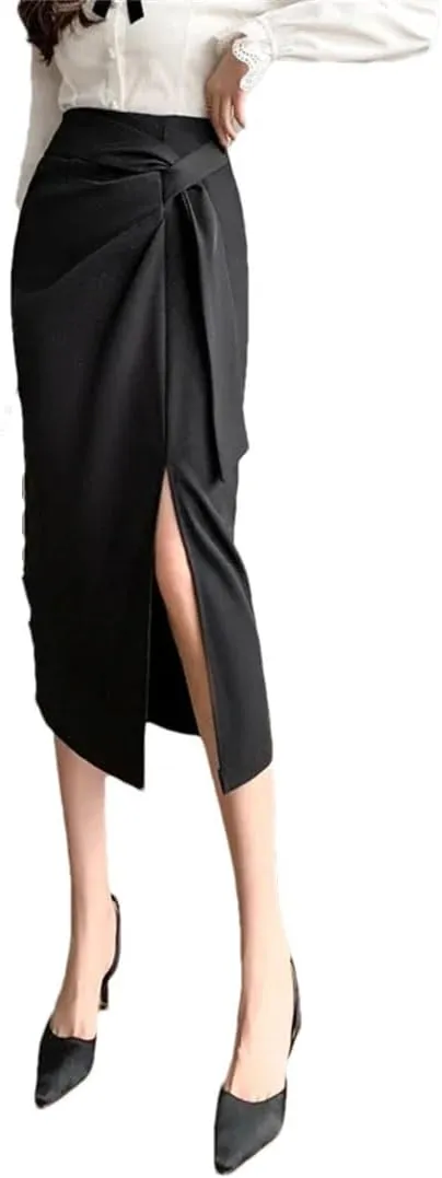 Women's High Waist Tie Slim Pencil Skirt Summer Elastic Waist Work Office Midi Skirt