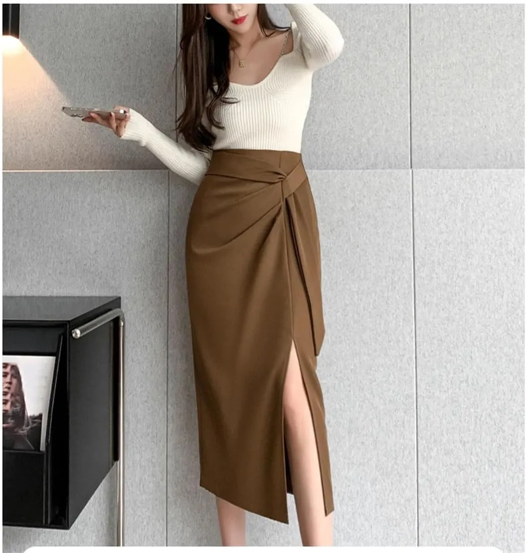 Women's High Waist Tie Slim Pencil Skirt Summer Elastic Waist Work Office Midi Skirt