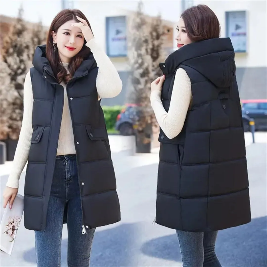 Women's Hooded Down Cotton Waistcoat Long Cotton Vest Coat Padded Vests Outerwear Zipper