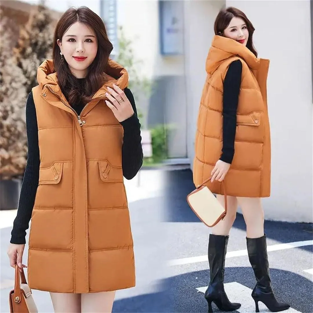 Women's Hooded Down Cotton Waistcoat Long Cotton Vest Coat Padded Vests Outerwear Zipper