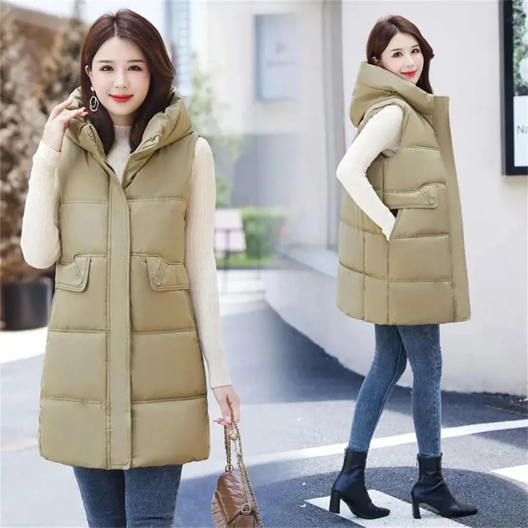 Women's Hooded Down Cotton Waistcoat Long Cotton Vest Coat Padded Vests Outerwear Zipper