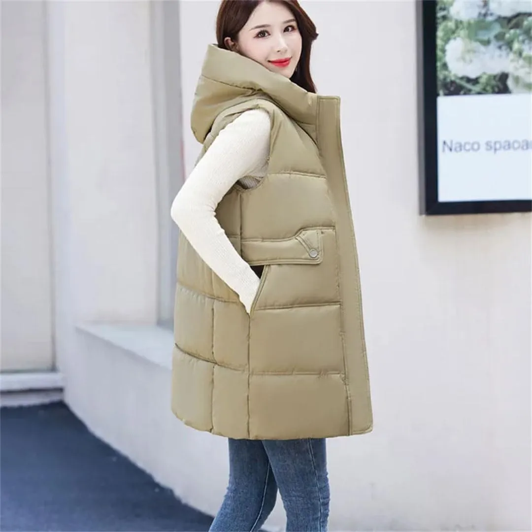 Women's Hooded Down Cotton Waistcoat Long Cotton Vest Coat Padded Vests Outerwear Zipper