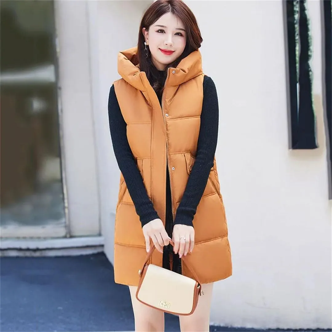 Women's Hooded Down Cotton Waistcoat Long Cotton Vest Coat Padded Vests Outerwear Zipper