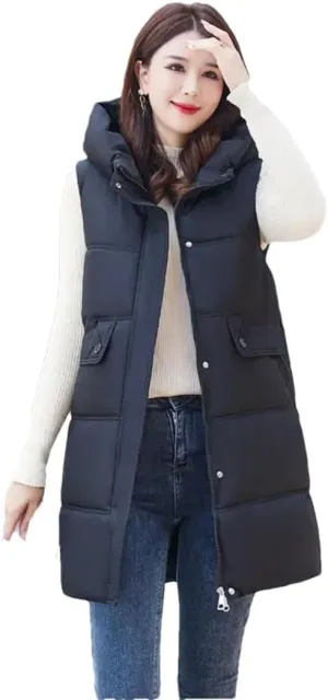 Women's Hooded Down Cotton Waistcoat Long Cotton Vest Coat Padded Vests Outerwear Zipper