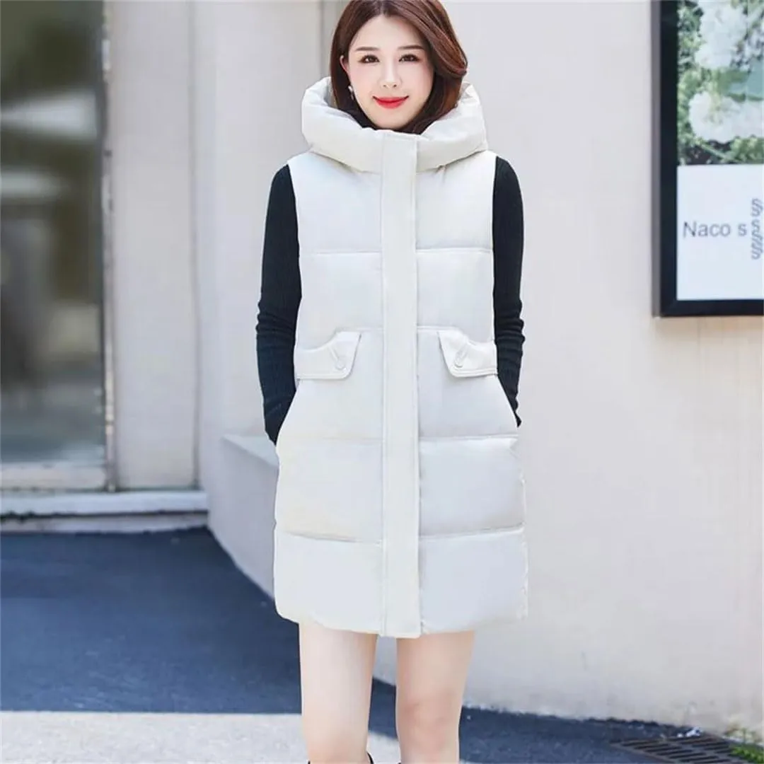 Women's Hooded Down Cotton Waistcoat Long Cotton Vest Coat Padded Vests Outerwear Zipper