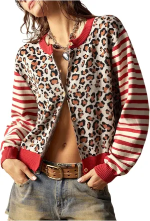 Women's Leopard Striped Cardigan Sweaters Button Down Long Sleeve Knit Outerwear