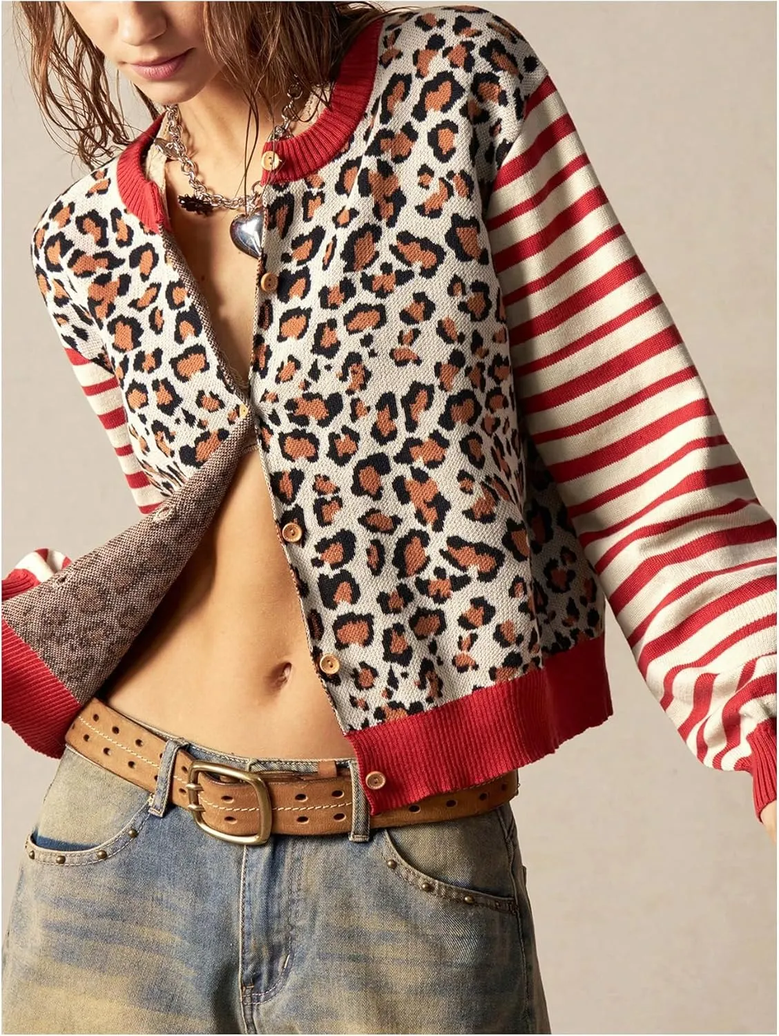 Women's Leopard Striped Cardigan Sweaters Button Down Long Sleeve Knit Outerwear
