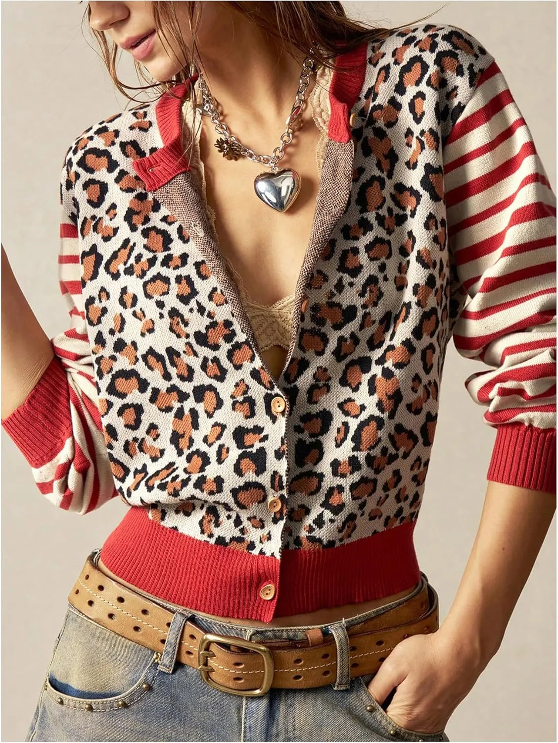Women's Leopard Striped Cardigan Sweaters Button Down Long Sleeve Knit Outerwear