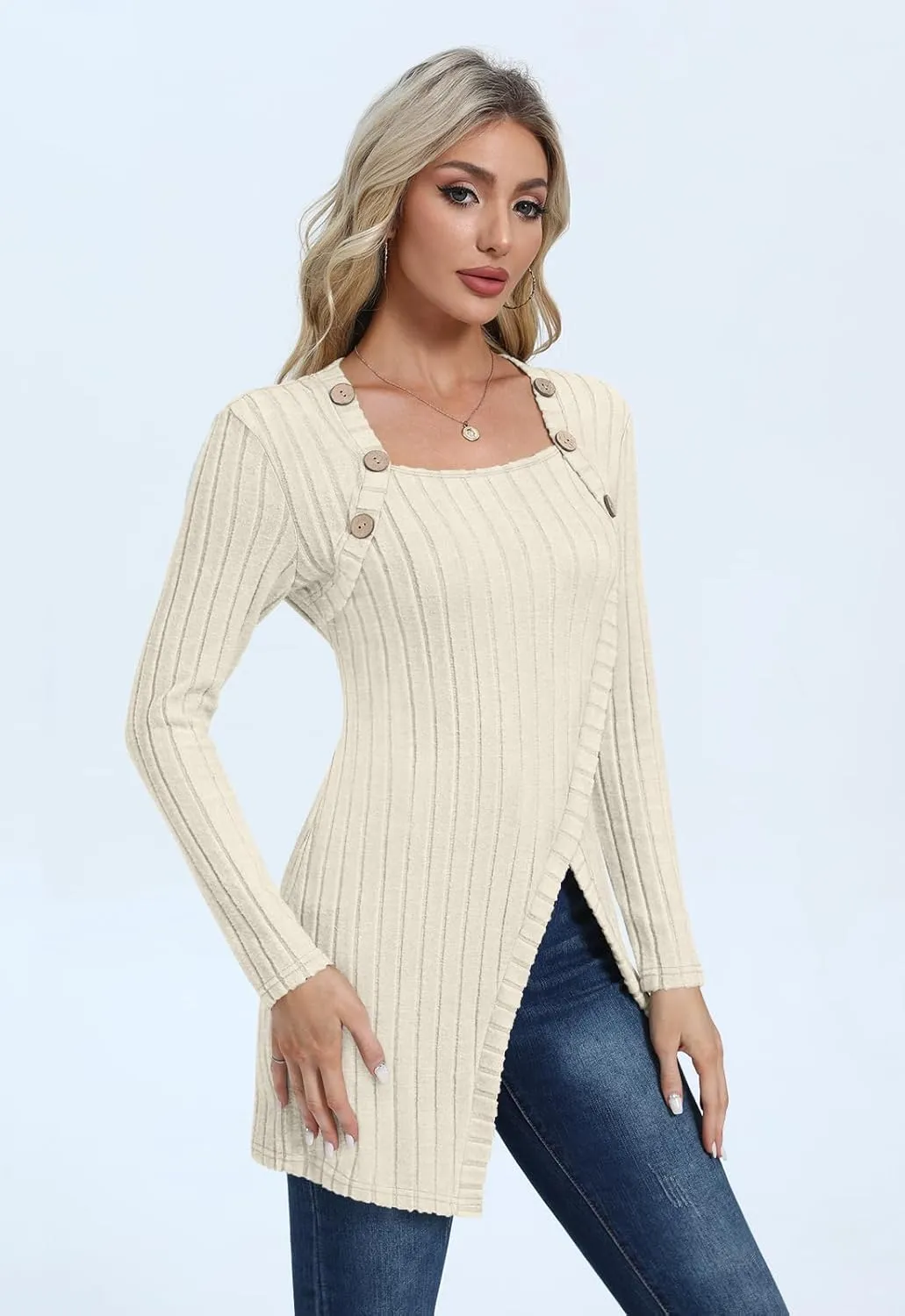 Womens Lightweight Asymmetrical Sweaters Long Sleeve Shirts Casual Fall Button Decor Tunic Tops