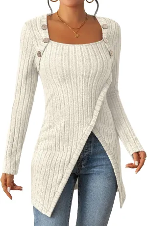 Womens Lightweight Asymmetrical Sweaters Long Sleeve Shirts Casual Fall Button Decor Tunic Tops