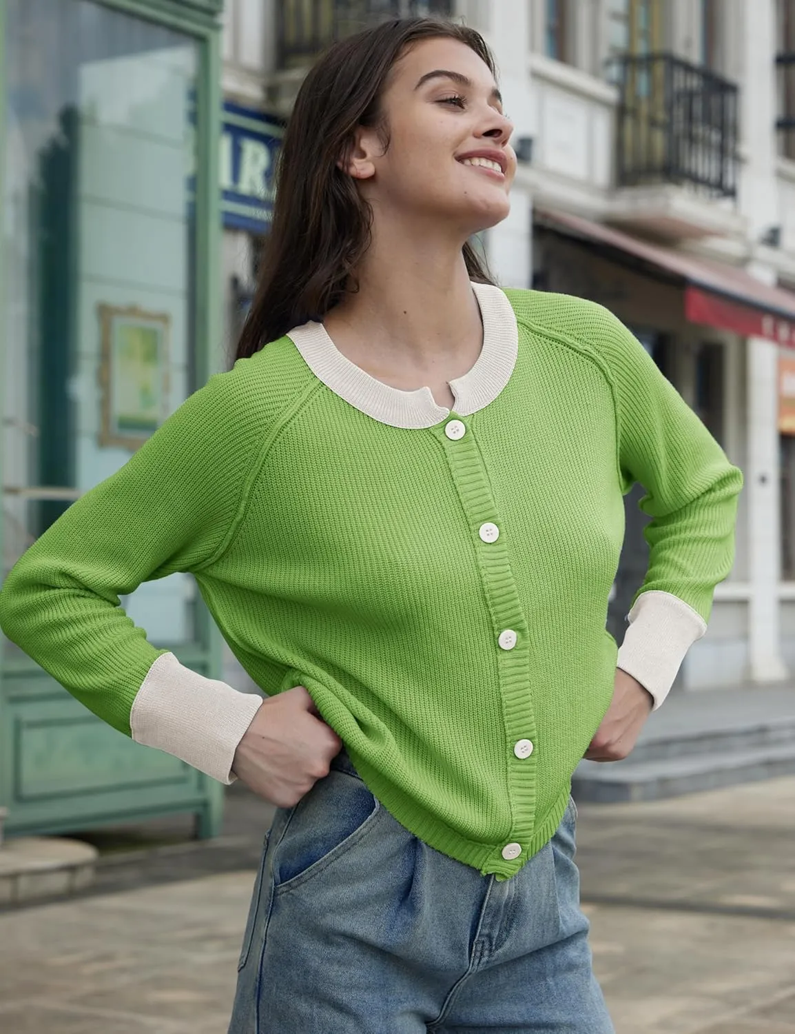 Womens Lightweight Button Down Patchwork Crewneck Long Sleeve Open Front Knit Cardigan Sweaters
