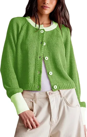 Womens Lightweight Button Down Patchwork Crewneck Long Sleeve Open Front Knit Cardigan Sweaters