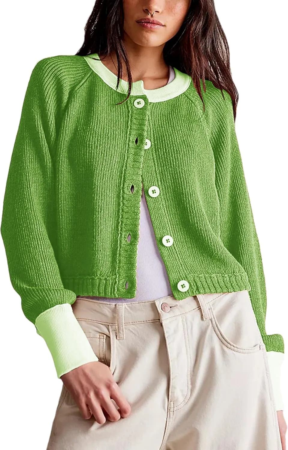 Womens Lightweight Button Down Patchwork Crewneck Long Sleeve Open Front Knit Cardigan Sweaters