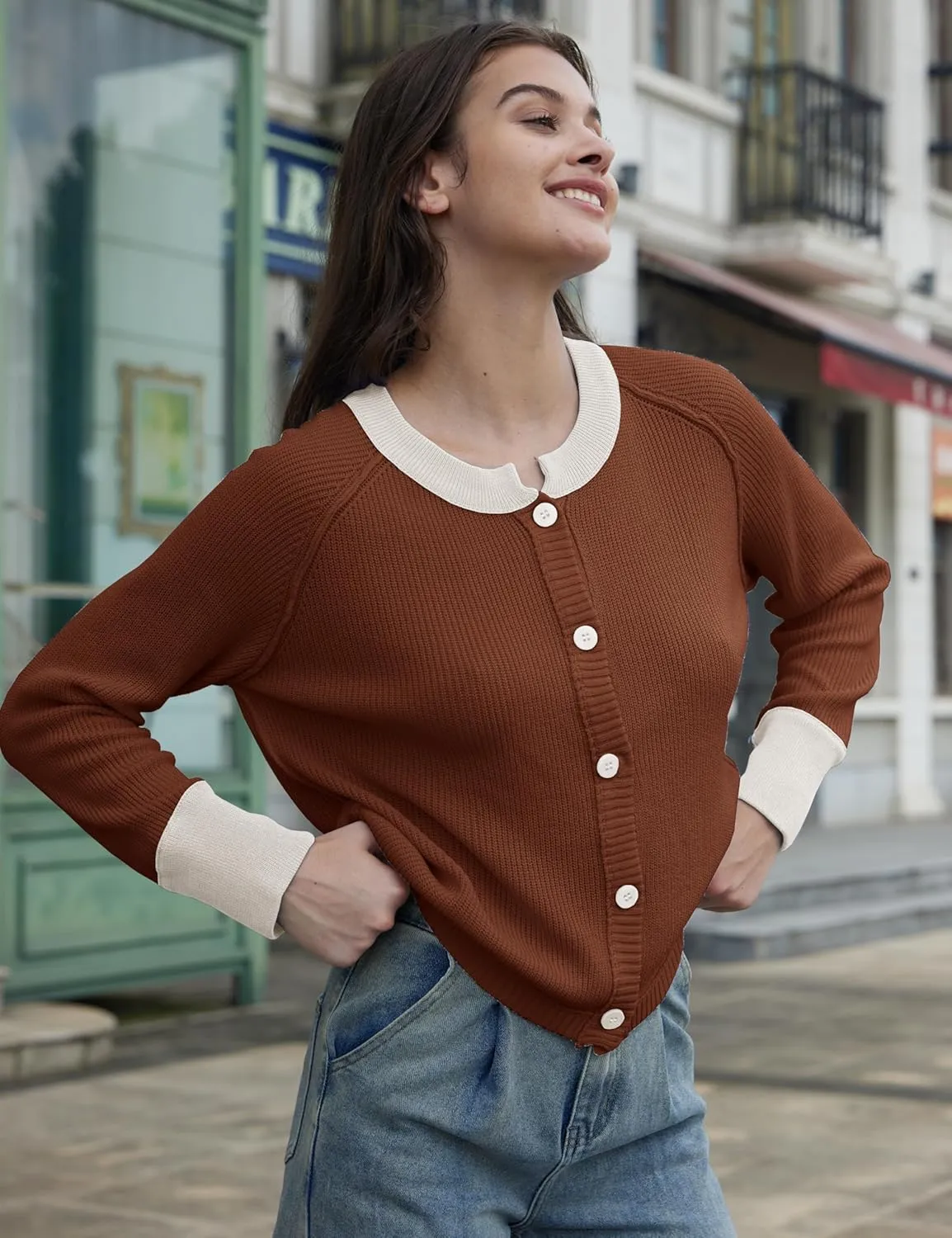 Womens Lightweight Button Down Patchwork Crewneck Long Sleeve Open Front Knit Cardigan Sweaters