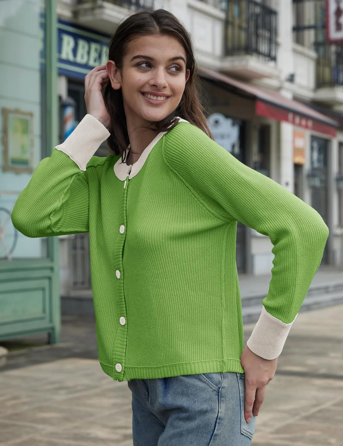 Womens Lightweight Button Down Patchwork Crewneck Long Sleeve Open Front Knit Cardigan Sweaters