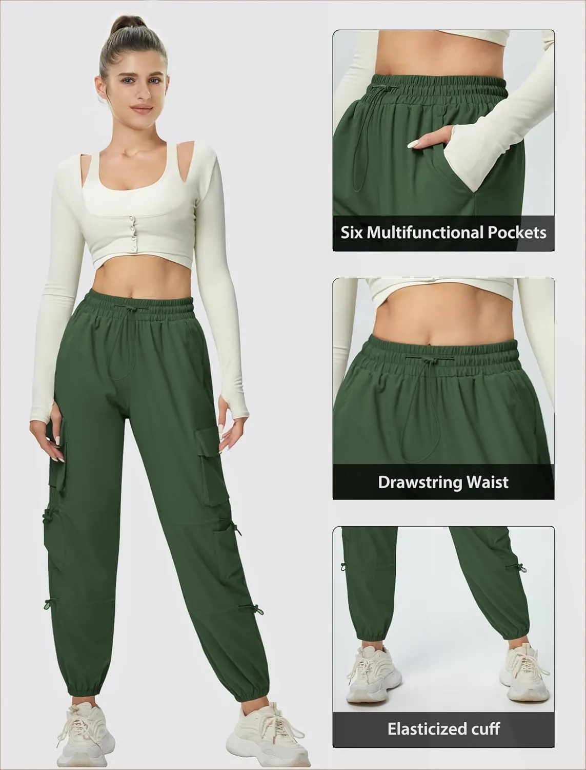 Women's Lightweight Cargo Pants Quick Dry Joggers with 6 Pockets Elastic Waist and Water-Resistant Hiking Pants