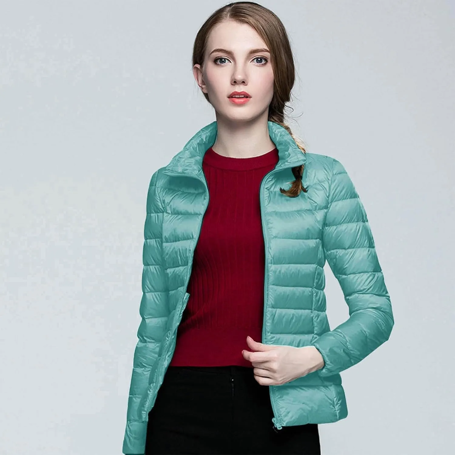 Womens Lightweight Puffer Jacket Packable Stand Collar Quilted Down Coats 2024 Winter Warm Down Jackets with Pockets