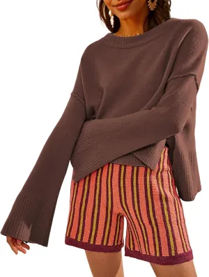 Womens Lightweight Sweaters Crewneck Bell-Style Sleeve Batwing Knit Tops Slouchy Soft Pullover Jumpers