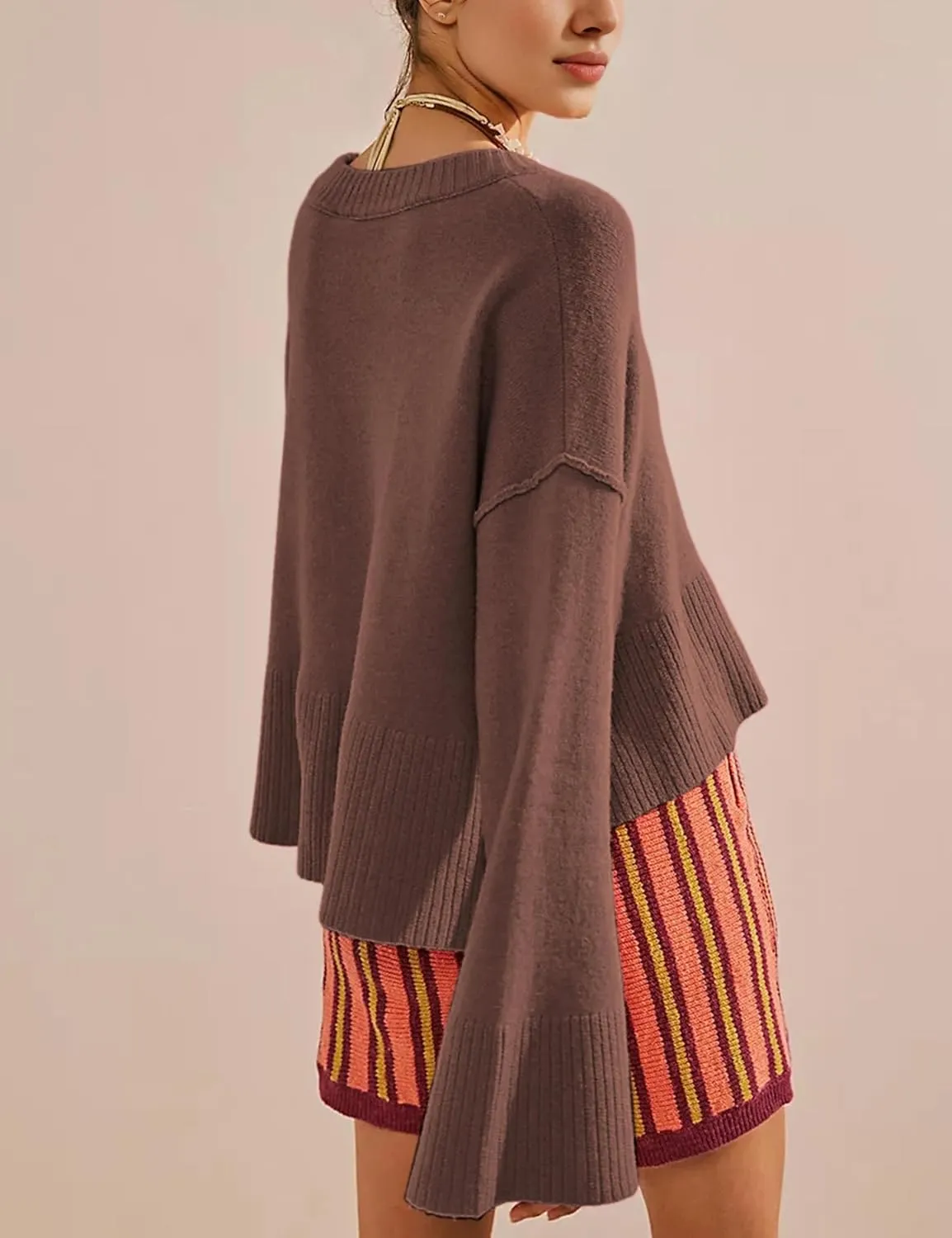 Womens Lightweight Sweaters Crewneck Bell-Style Sleeve Batwing Knit Tops Slouchy Soft Pullover Jumpers