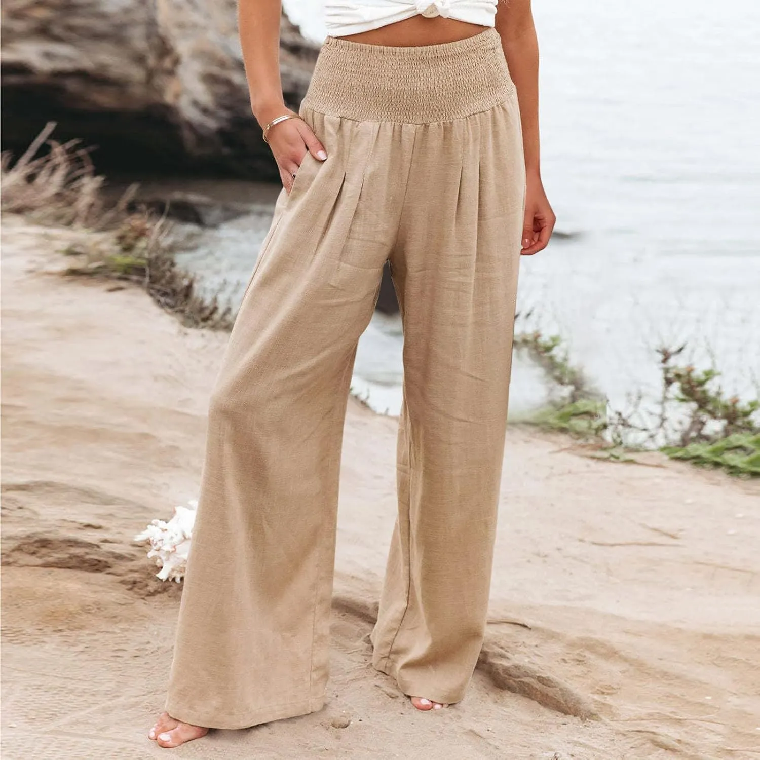 Womens Linen Palazzo Pants Loose Fit Hight Elastic Waist Wide Leg 2025 Summer Trendy Lightweight Flowy Trousers