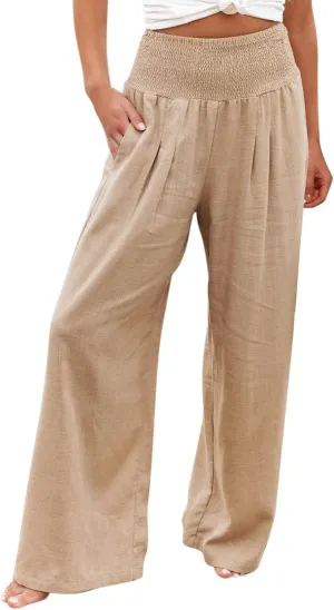 Womens Linen Palazzo Pants Loose Fit Hight Elastic Waist Wide Leg 2025 Summer Trendy Lightweight Flowy Trousers