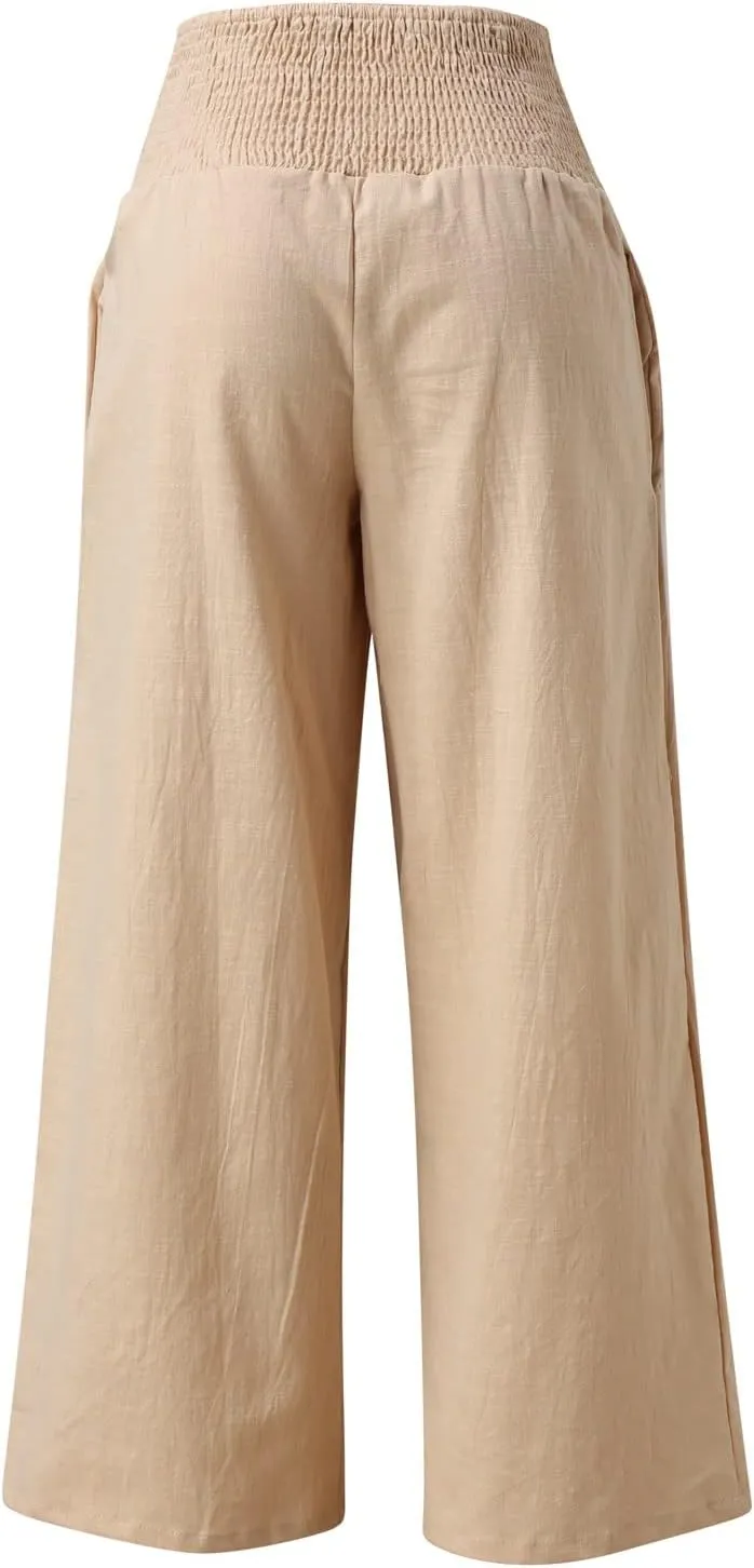 Womens Linen Palazzo Pants Loose Fit Hight Elastic Waist Wide Leg 2025 Summer Trendy Lightweight Flowy Trousers